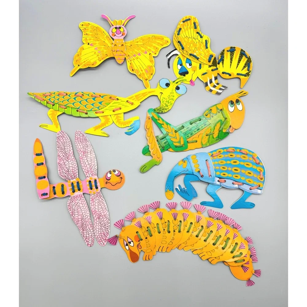 Whitman Funny Fuzzies Sewing Cards Vintage 1968 Flocked Lacing Toy Multi Color